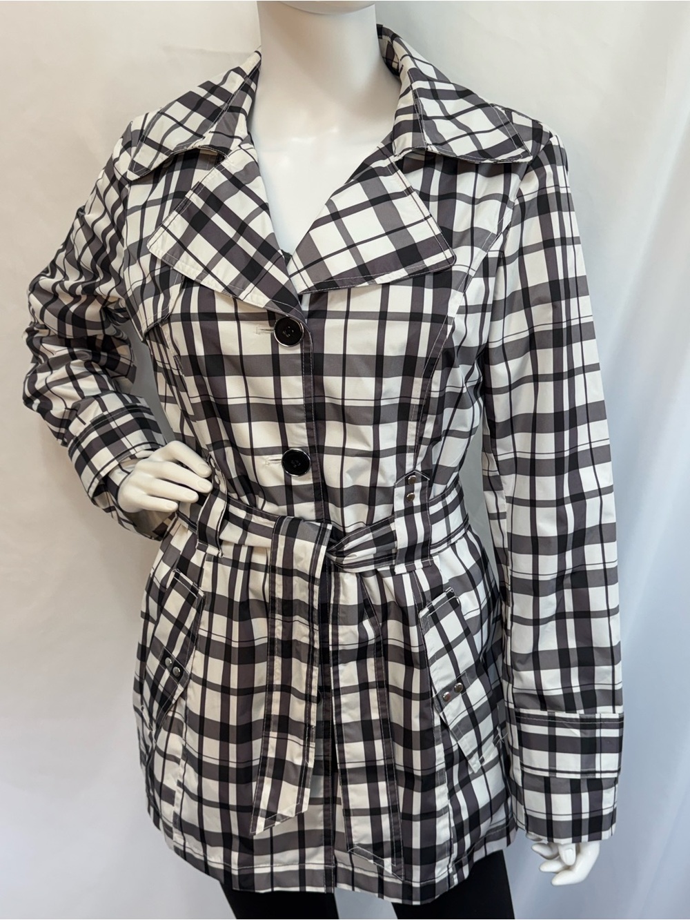 North Crest Classic Black & White Plaid Belted Trench Coat Rain Jacket